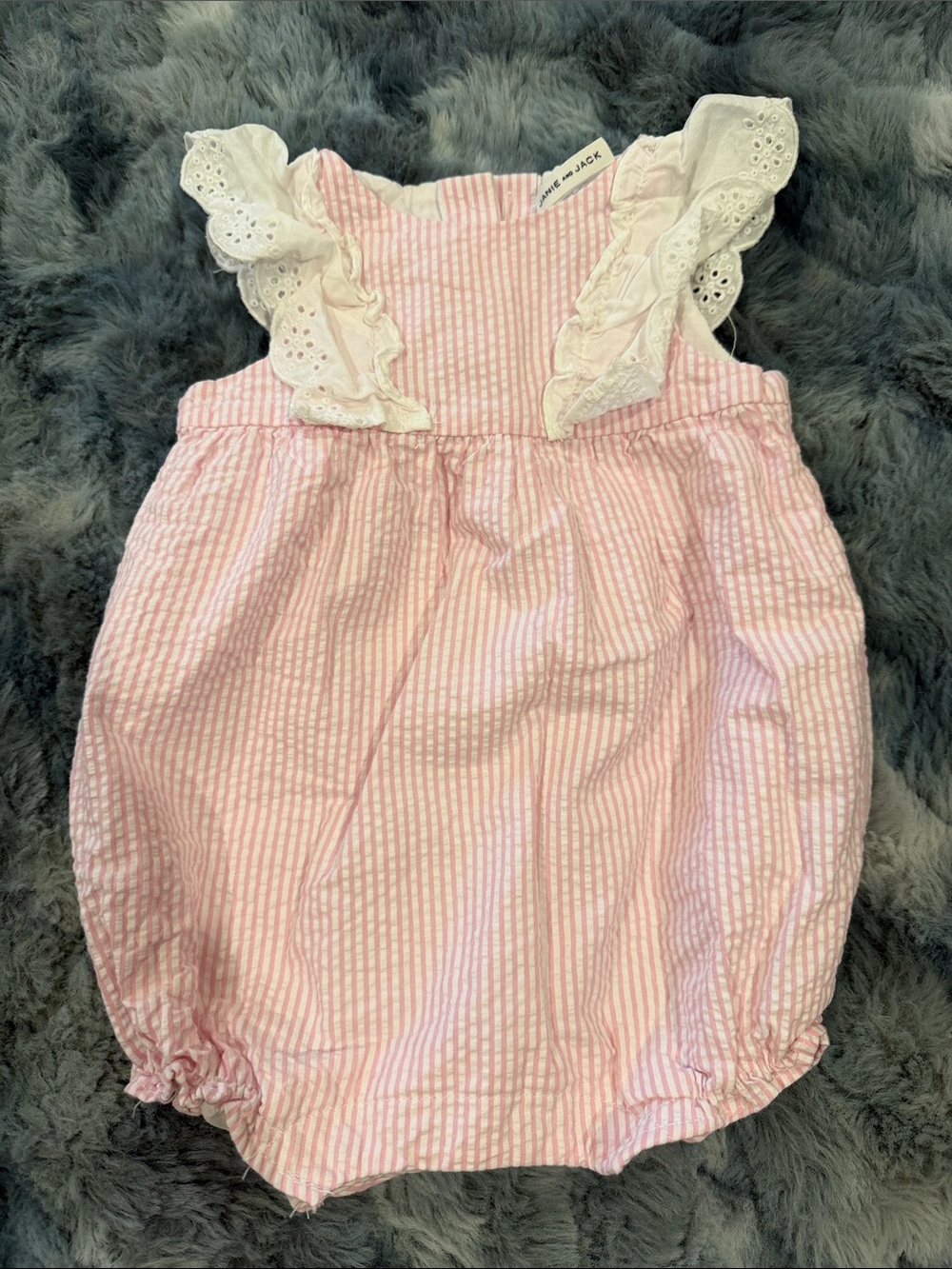 Janie and Jack Pink & White Striped Baby Romper with Eyelet Ruffles